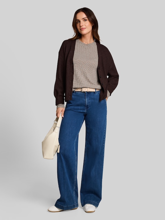 Cosy long-sleeved top with a pattern - brown dot on beige melange