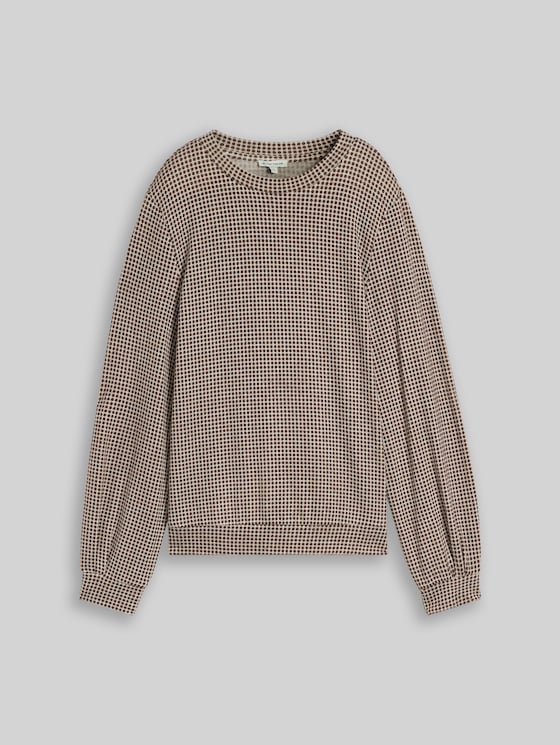 Cosy long-sleeved top with a pattern - brown dot on beige melange