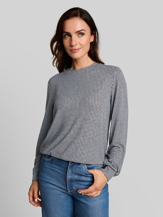 Cosy long-sleeved top with a pattern - brown dot on blue melange