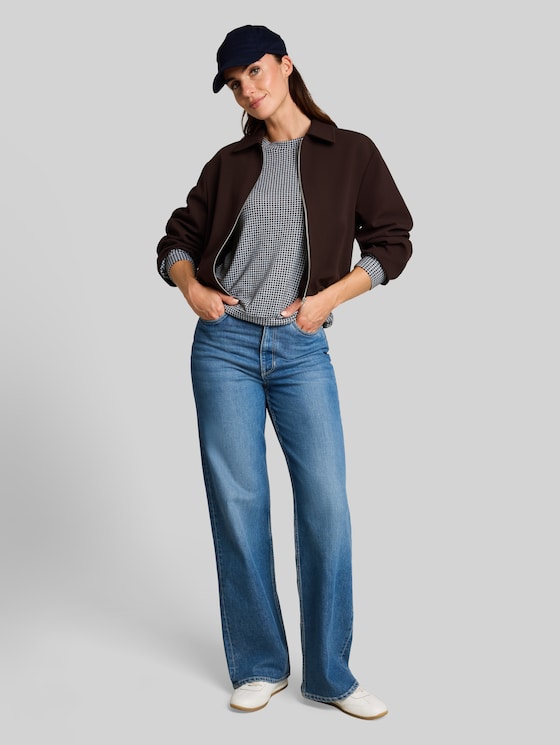 Cosy long-sleeved top with a pattern - brown dot on blue melange