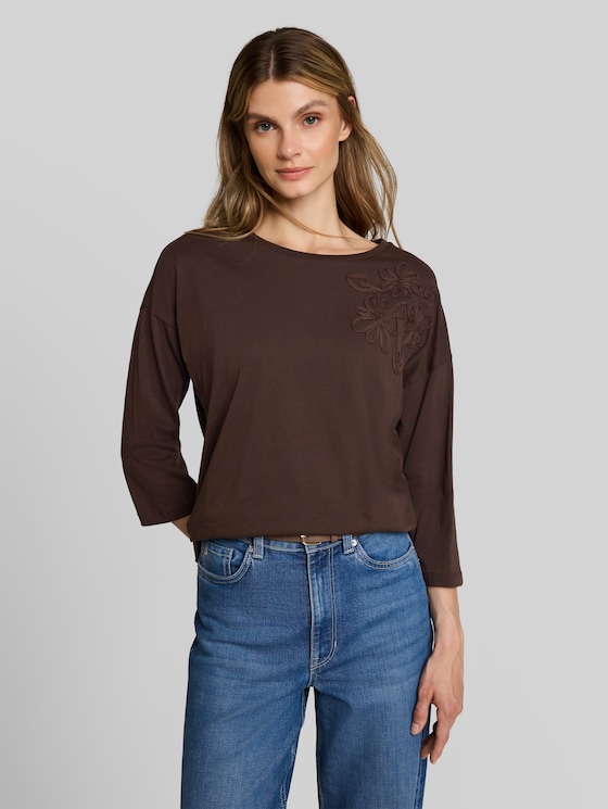 Loose-fit T-shirt with floral appliqué - java dark brown