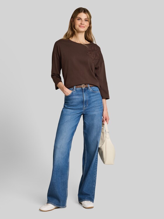 Loose-fit T-shirt with floral appliqué - java dark brown