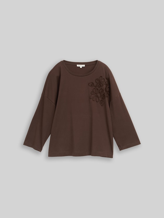 Loose-fit T-shirt with floral appliqué - java dark brown