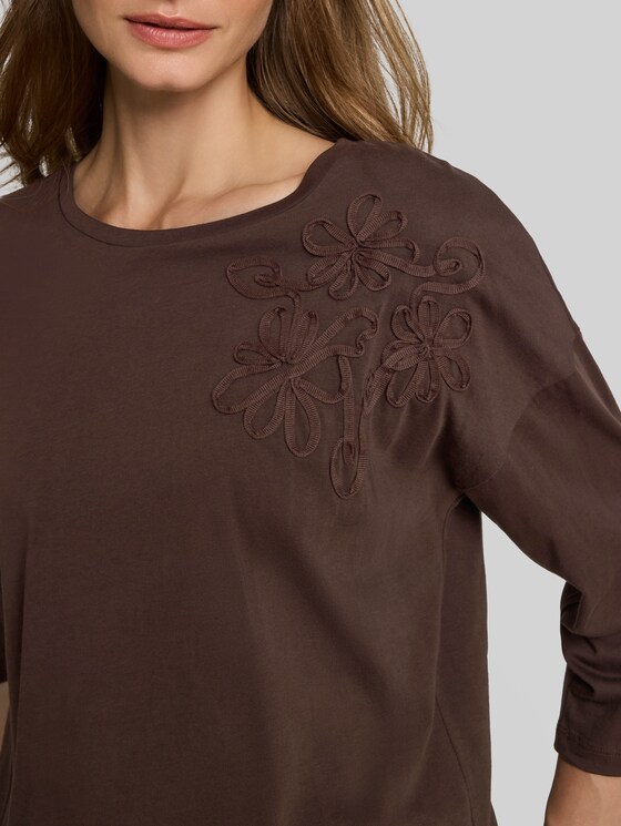 Loose-fit T-shirt with floral appliqué - java dark brown