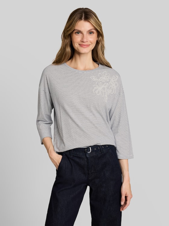 Loose-fit T-shirt with floral appliqué - small white navy stripe