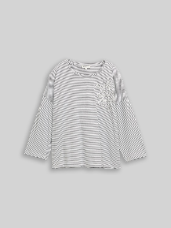 Loose-fit T-shirt with floral appliqué - small white navy stripe