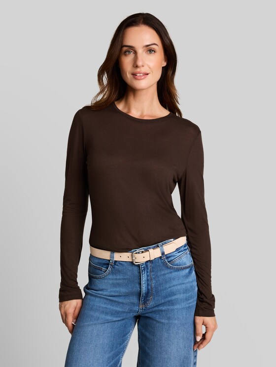 Slim-fit long-sleeved top with wool blend - java dark brown melange