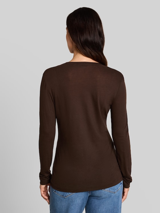 Slim-fit long-sleeved top with wool blend - java dark brown melange