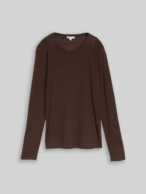 Slim-fit long-sleeved top with wool blend - java dark brown melange