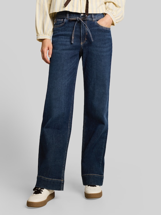 TTEMILY WIDE jeans with tie belt - Used Dark Stone Blue Denim