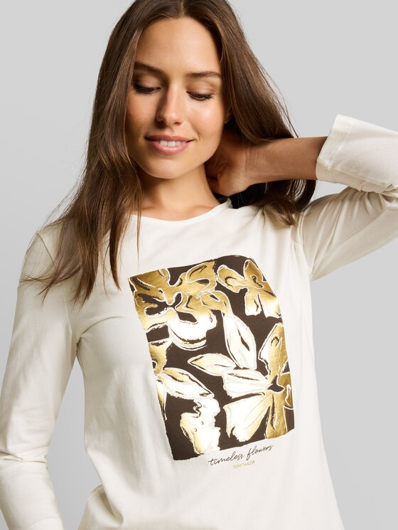 Slim-fit long-sleeved top with floral print - Whisper White