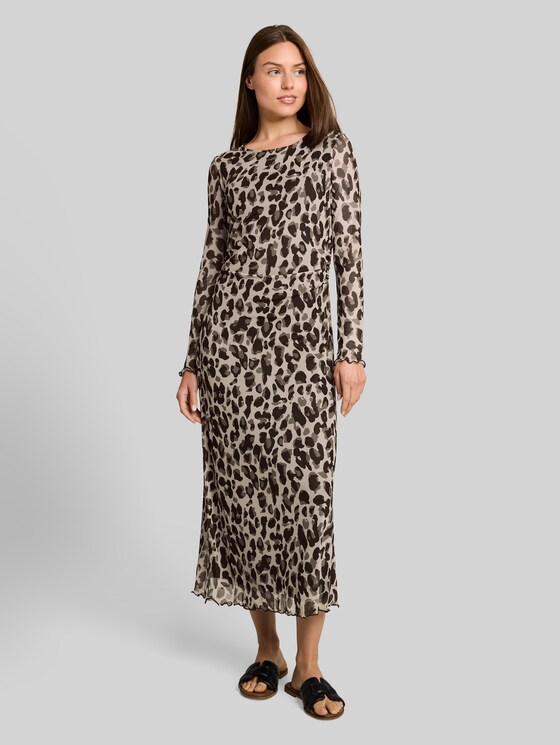 Patterned mesh midi dress - brown beige leo print