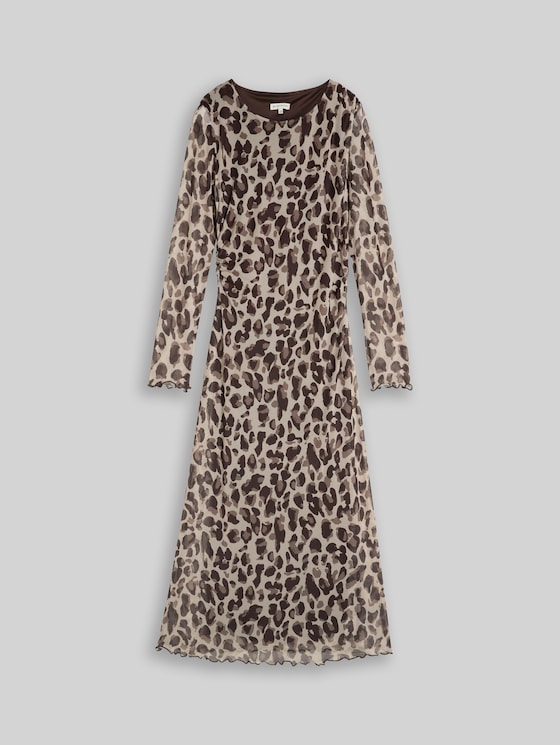 Patterned mesh midi dress - brown beige leo print