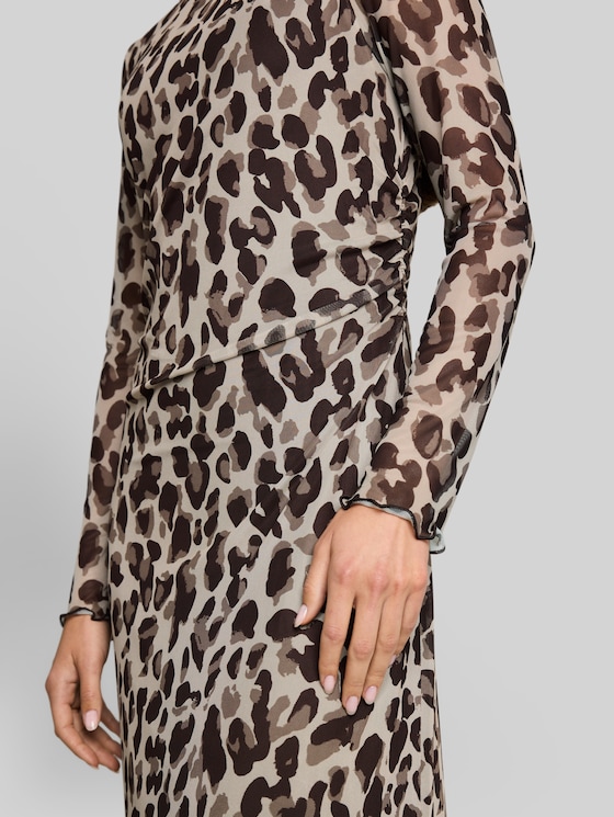 Patterned mesh midi dress - brown beige leo print
