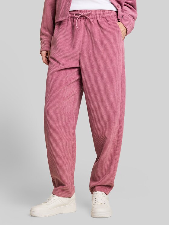 Barrel-cut corduroy trousers with drawstring - dusty berry