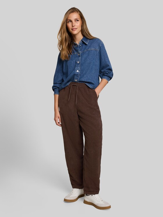 Barrel-cut corduroy trousers with drawstring - cool dark brown