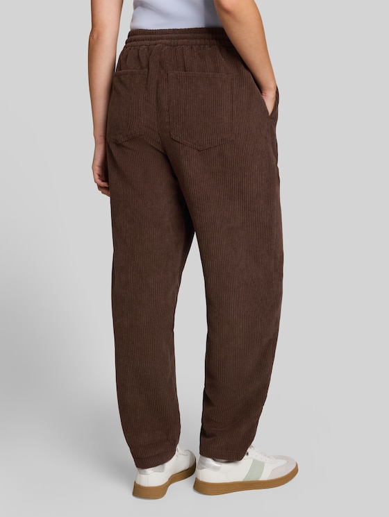 Barrel-cut corduroy trousers with drawstring - cool dark brown