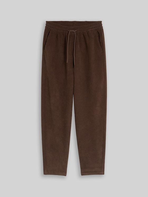 Barrel-cut corduroy trousers with drawstring - cool dark brown