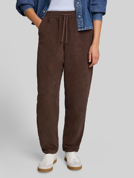 Barrel-cut corduroy trousers with drawstring - cool dark brown