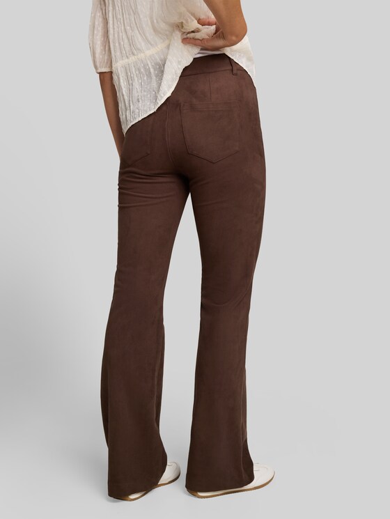 Flared trousers in suede-effect fabric - cool dark brown