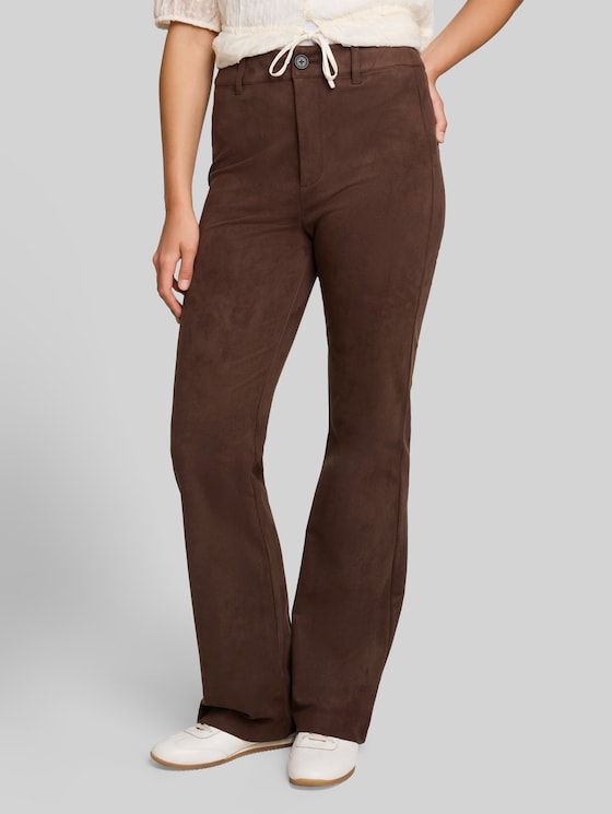 Flared trousers in suede-effect fabric - cool dark brown