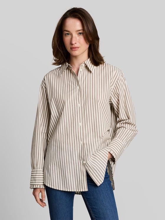 Oversized shirt blouse with stripe pattern - off white brown beige stripe