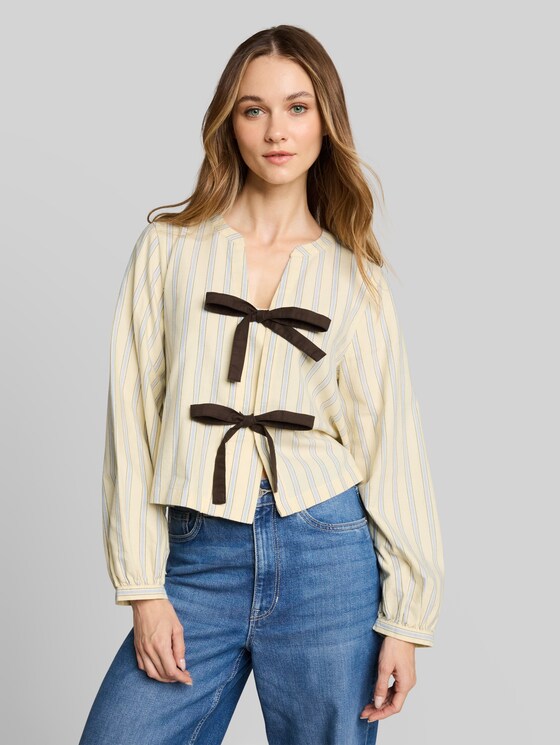 Oxford blouse with a bow - yellow blue brown stripe