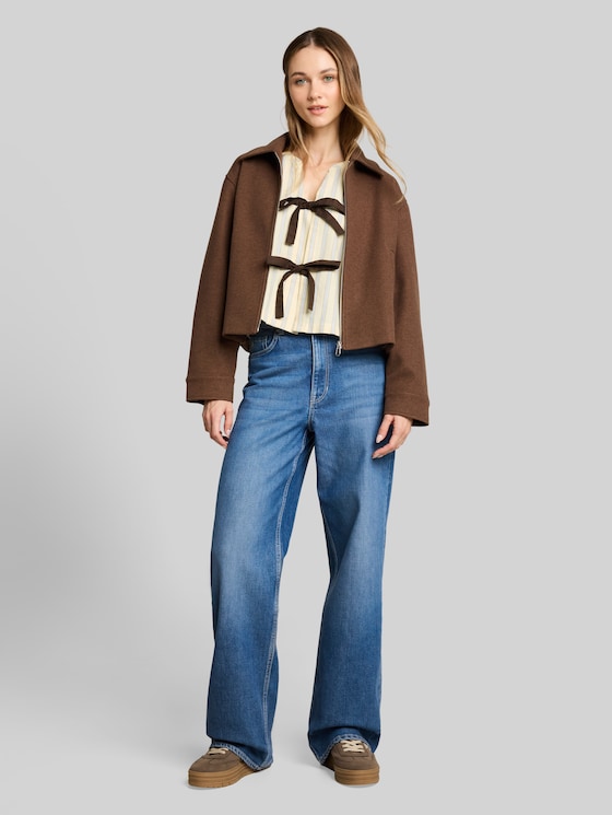 Oxford blouse with a bow - yellow blue brown stripe