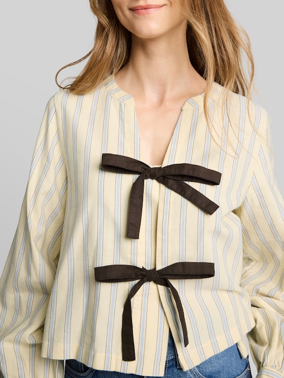 Oxford blouse with a bow - yellow blue brown stripe