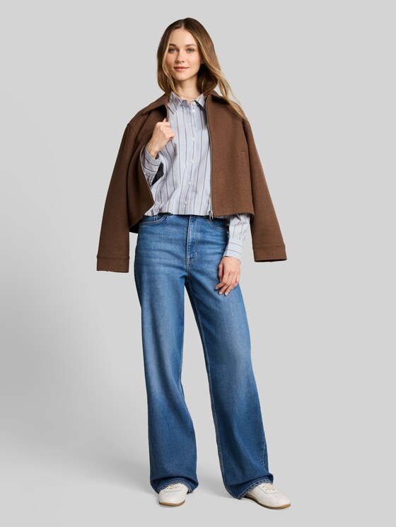Boxy fit shirt blouse with striped pattern - blue brown white stripe