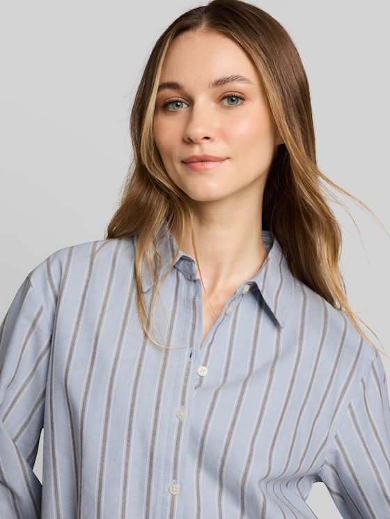 Boxy fit shirt blouse with striped pattern - blue brown white stripe