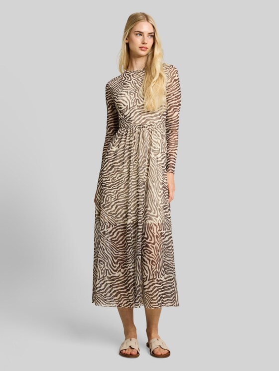 Fitted mesh midi dress with animal print - brown beige zebra print