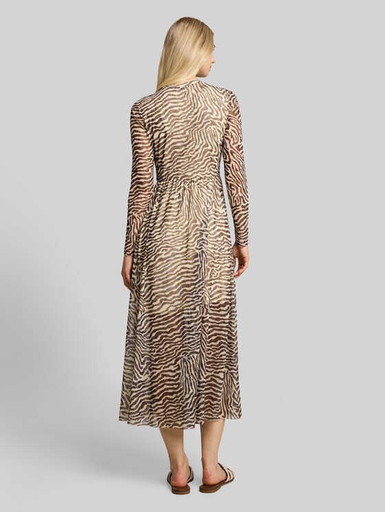 Fitted mesh midi dress with animal print - brown beige zebra print