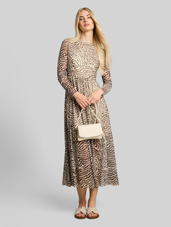 Fitted mesh midi dress with animal print - brown beige zebra print
