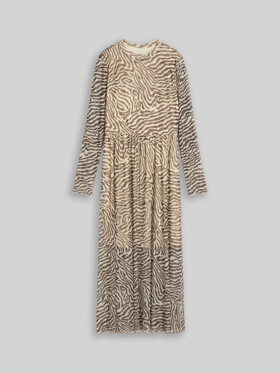 Fitted mesh midi dress with animal print - brown beige zebra print