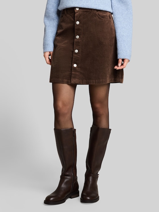Mini corduroy skirt with button placket - cool dark brown