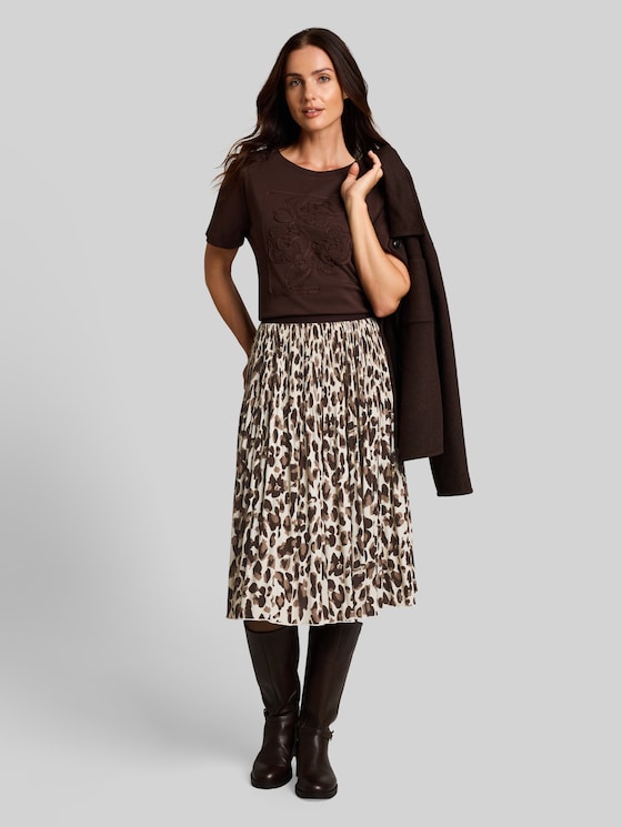 Pleated skirt with elasticated waistband - brown beige leo print