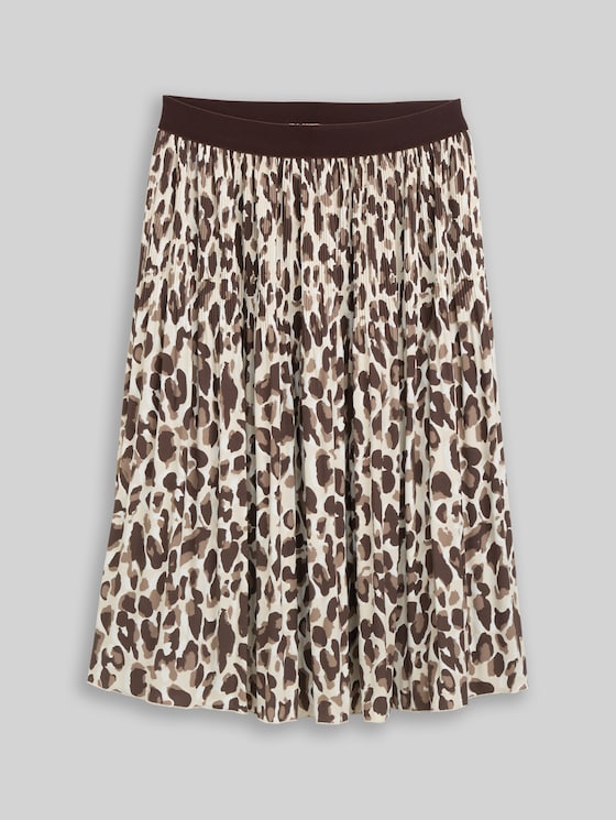Pleated skirt with elasticated waistband - brown beige leo print