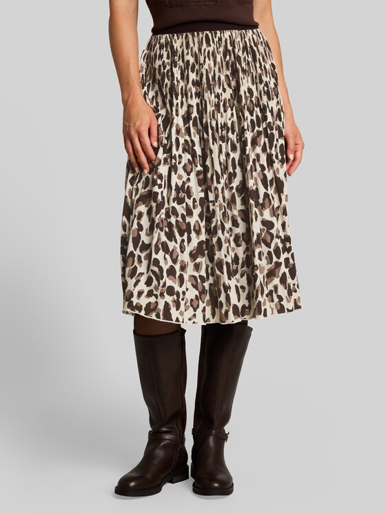Pleated skirt with elasticated waistband - brown beige leo print