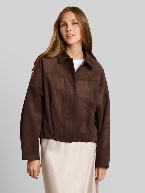 Loose-fit jacket with a suede-effect finish - cool dark brown