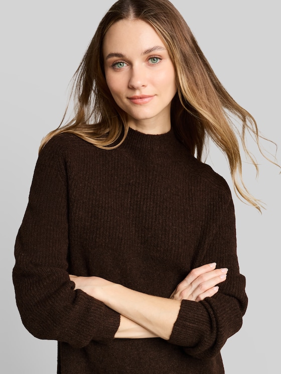 Mini knitted dress with a melange look - cool dark brown melange