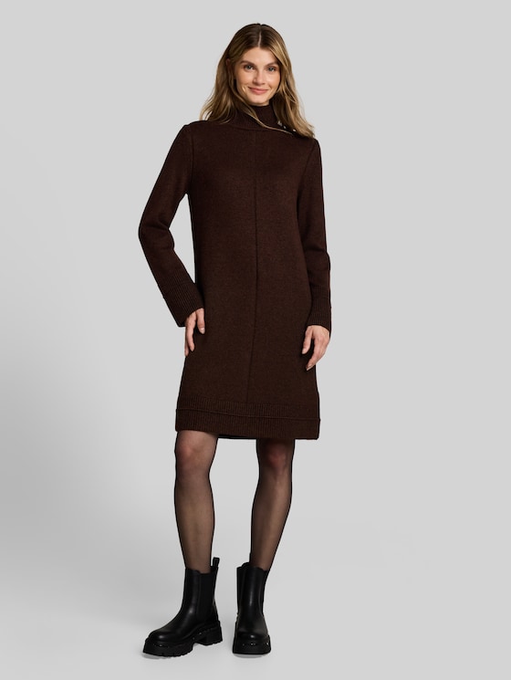 Cosy knitted dress with stand-up collar - java dark brown melange