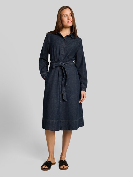 Loose-fit denim dress with belt - Blue Rinse Denim