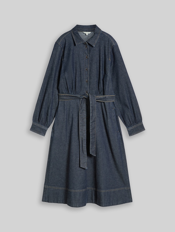 Loose-fit denim dress with belt - Blue Rinse Denim