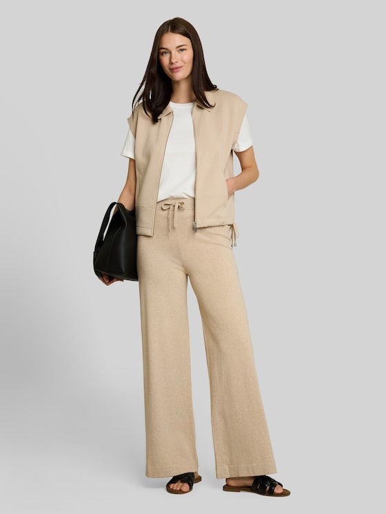 Wide-leg knitted trousers with a silk blend - gravel beige melange