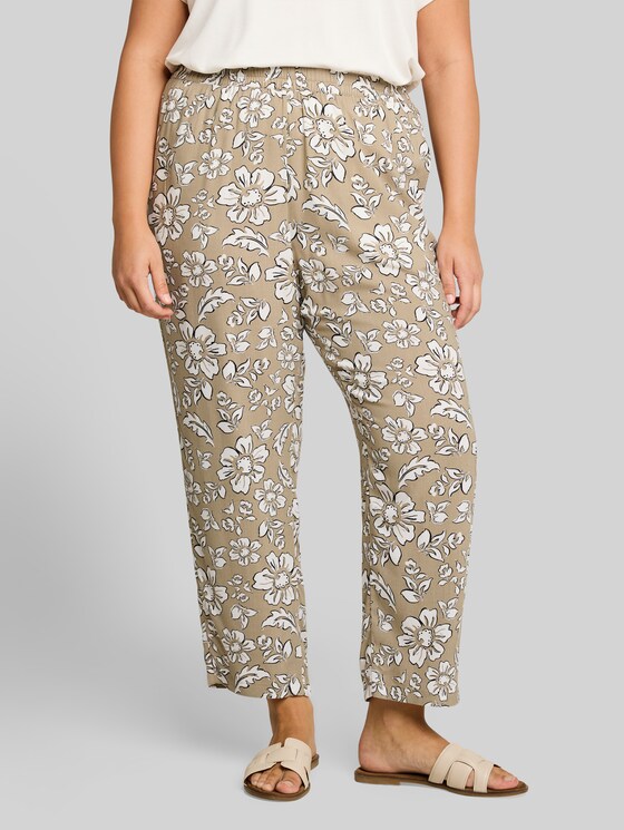 Plus Size - Loose-fit viscose trousers - olive big flower design