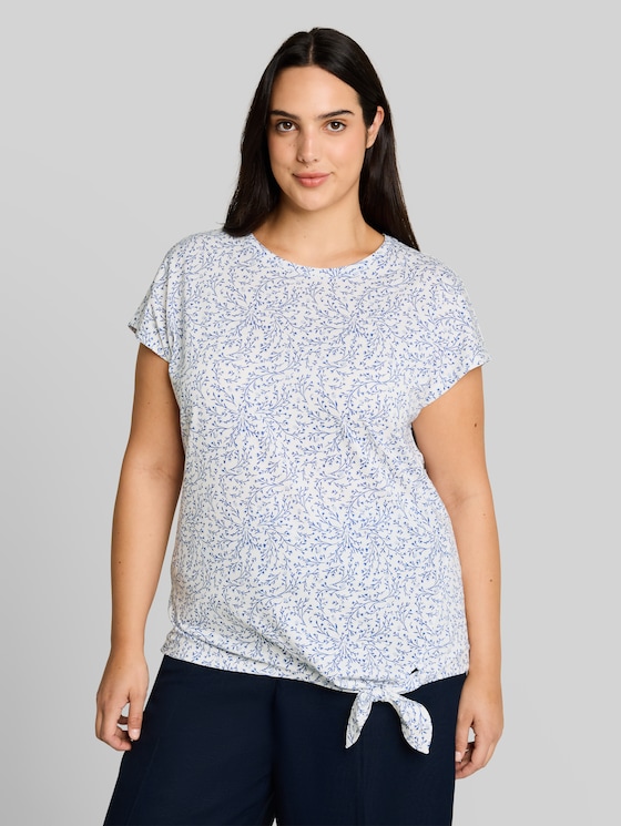 Plus Size - T-shirt with knot detail - white small leaves design
