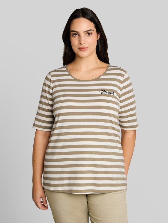 Plus Size - T-shirt with embroidery - olive white stripe