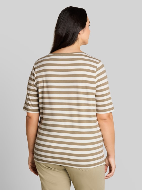 Plus Size - T-shirt with embroidery - olive white stripe