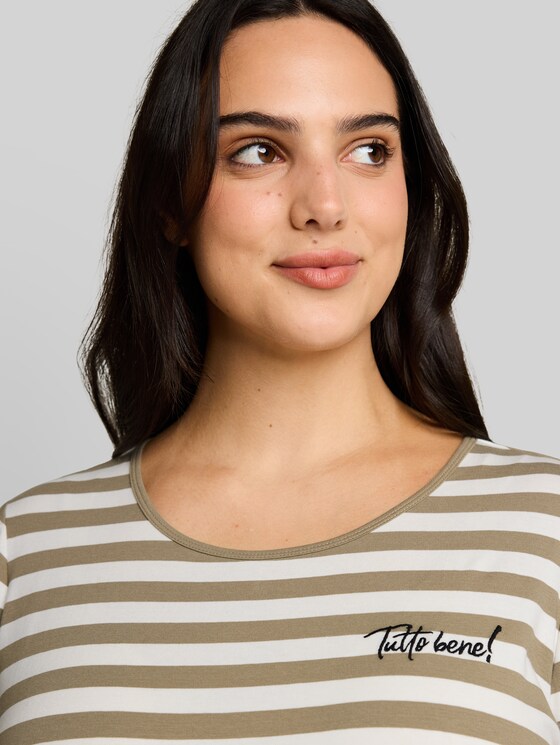 Plus Size - T-shirt with embroidery - olive white stripe
